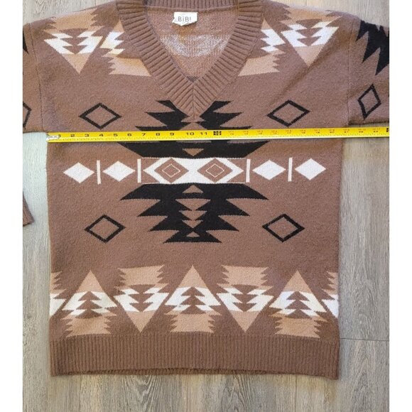Bibi Womens Size S Brown Aztec Long Sleeve V Neck Sweater - Picture 6 of 7
